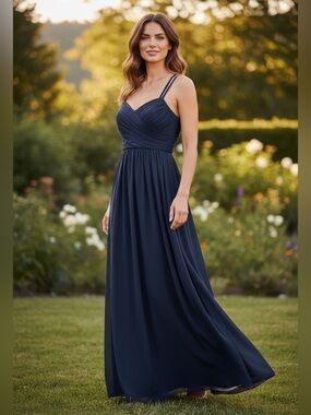 Bill Levkoff Navy Ruched V-Neck Maxi Dress with Double Straps Size 12